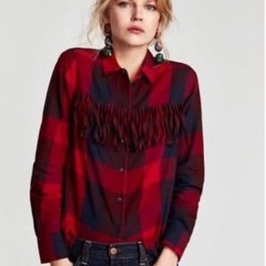 Zara Fringe Buffalo Plaid Western Button-Up Top M Boho Cowgirl Festival Chic